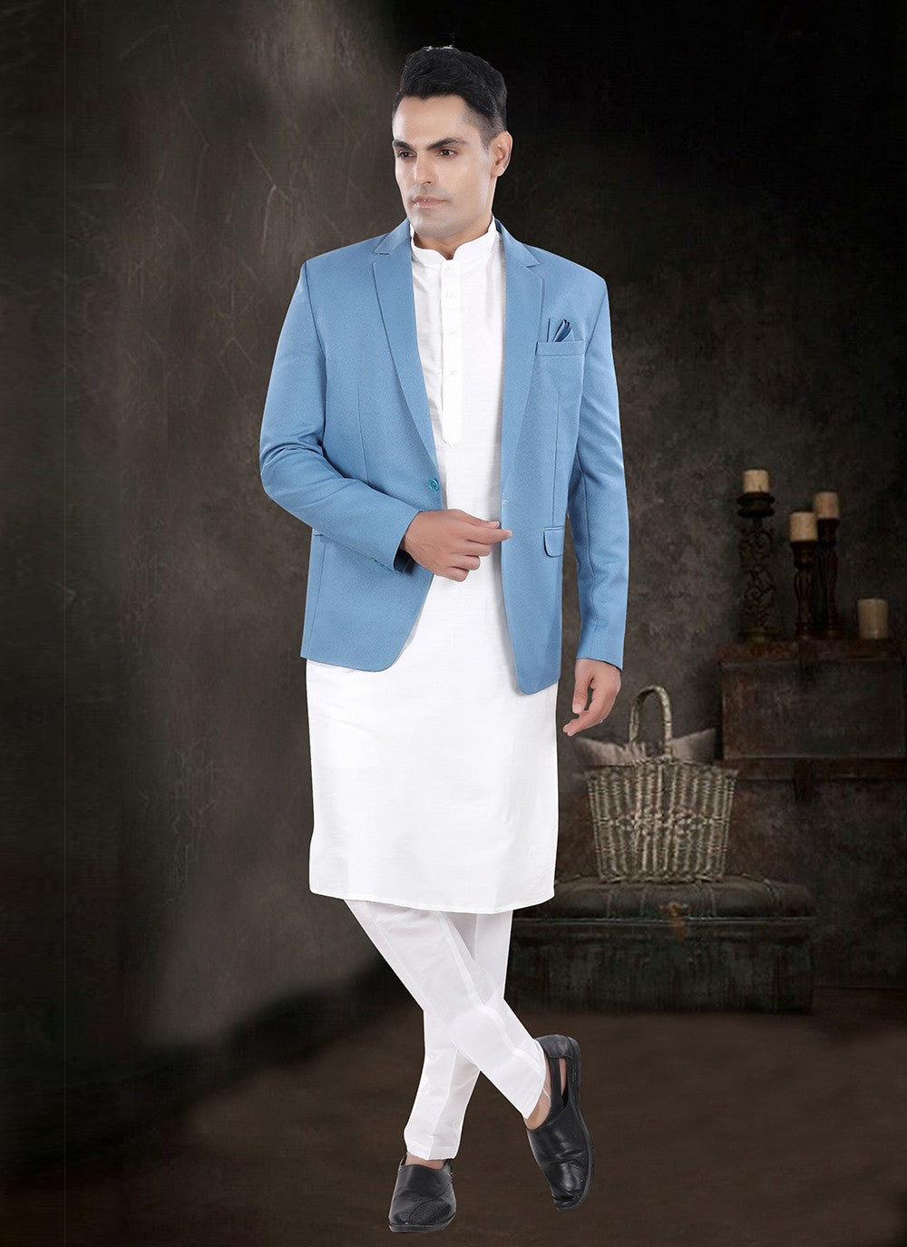 Plain Silk, Viscose Aqua Blue, Off White Kurta Payjama With Jacket - M8174