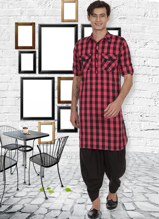 Patch Cotton Red Kurta Pyjama - M1114