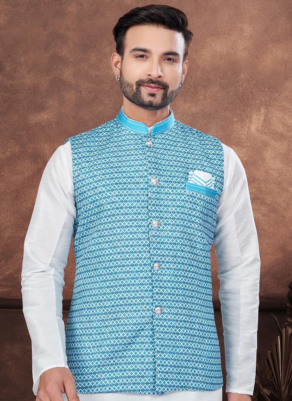 Buttons Dupion Silk, Jacquard Aqua Blue, White Kurta Payjama With Jacket - M8674