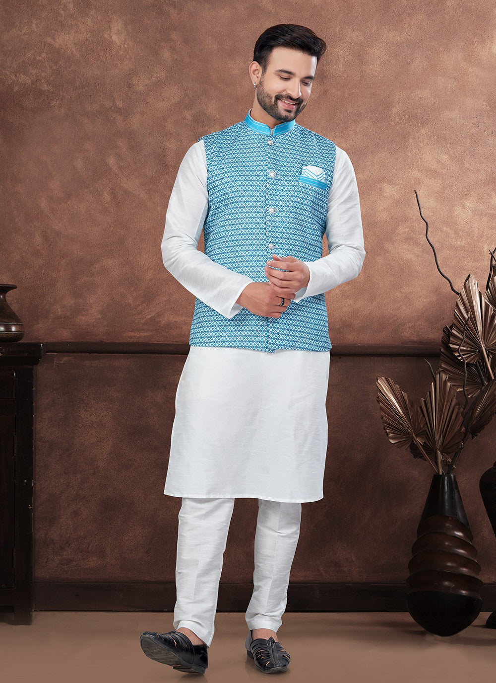 Buttons Dupion Silk, Jacquard Aqua Blue, White Kurta Payjama With Jacket - M8674