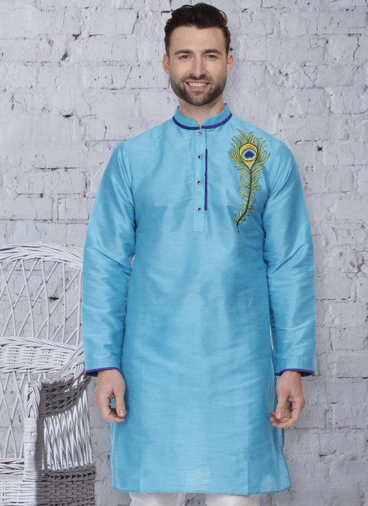 Embroidered Art Dupion Silk Aqua Blue Kurta - M1317