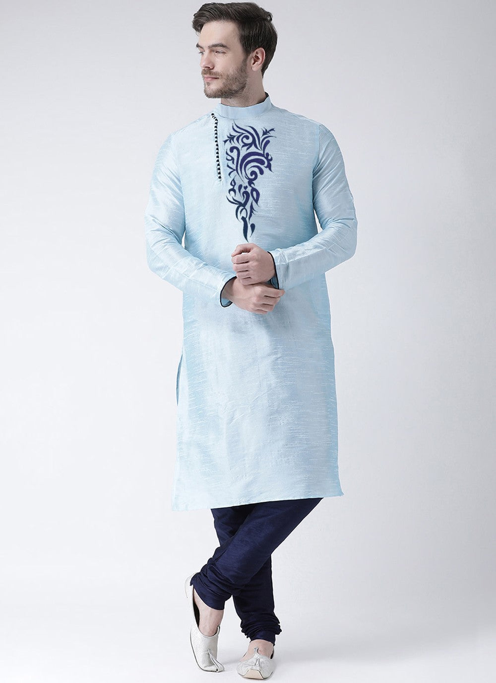 Embroidered Art Dupion Silk Aqua Blue Kurta Pyjama - M4212