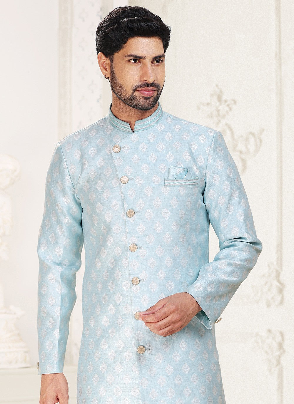 Jacquard Work Banarasi Jacquard Aqua Blue Indo Western - M5278