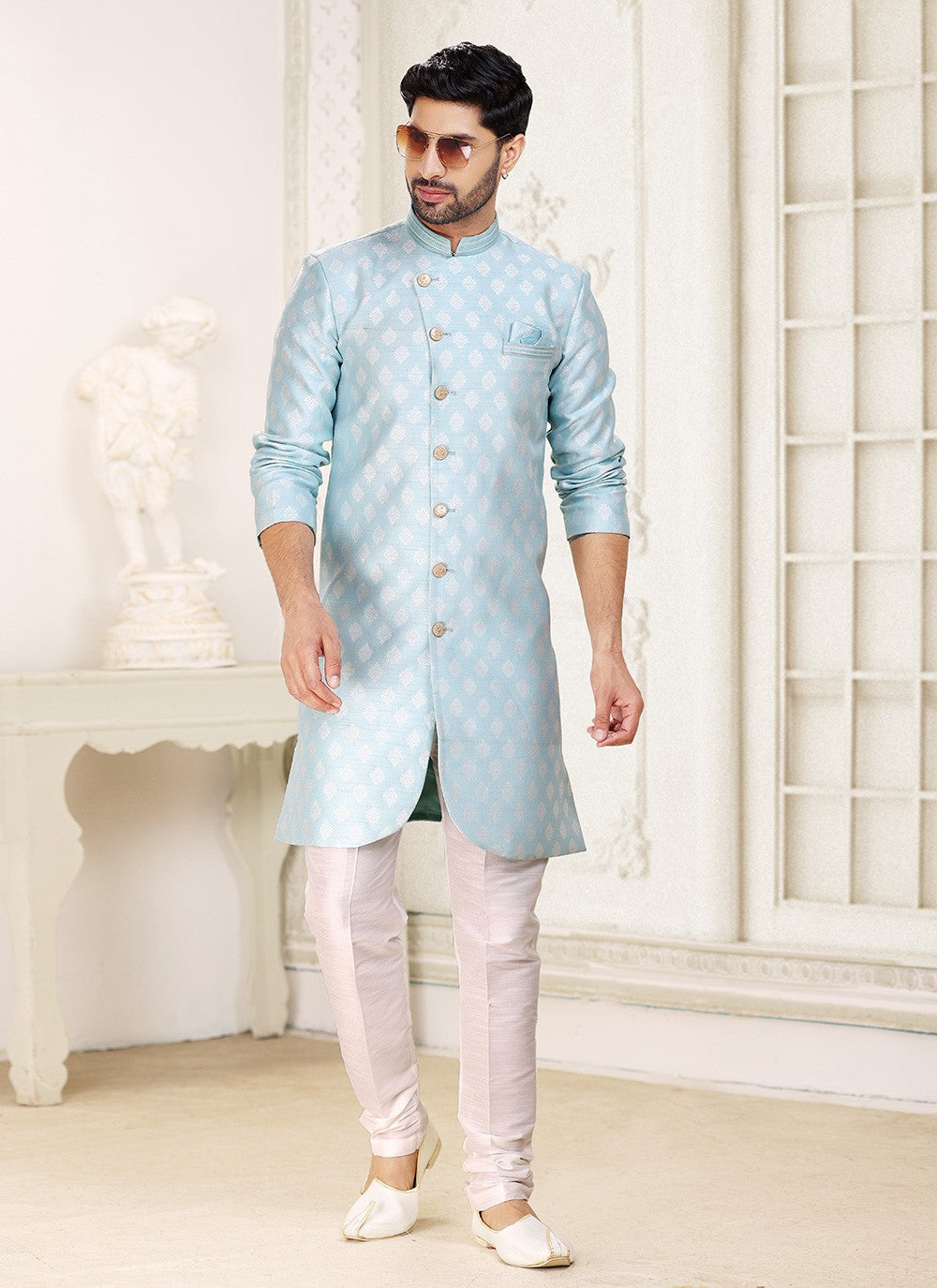 Jacquard Work Banarasi Jacquard Aqua Blue Indo Western - M5278