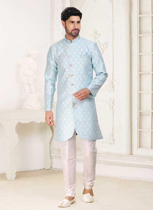 Jacquard Work Banarasi Jacquard Aqua Blue Indo Western - M5278