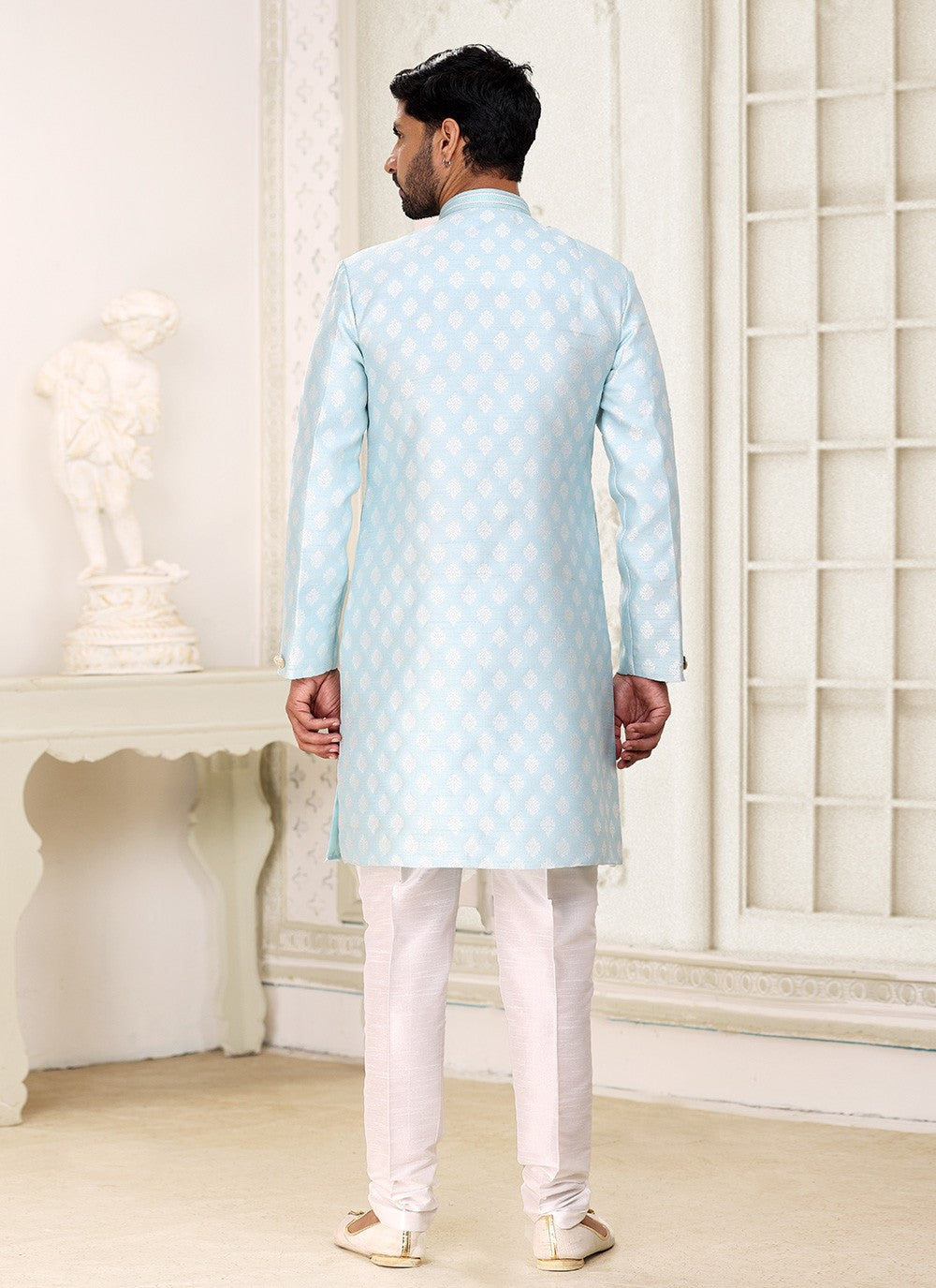 Jacquard Work Banarasi Jacquard Aqua Blue Indo Western - M5278