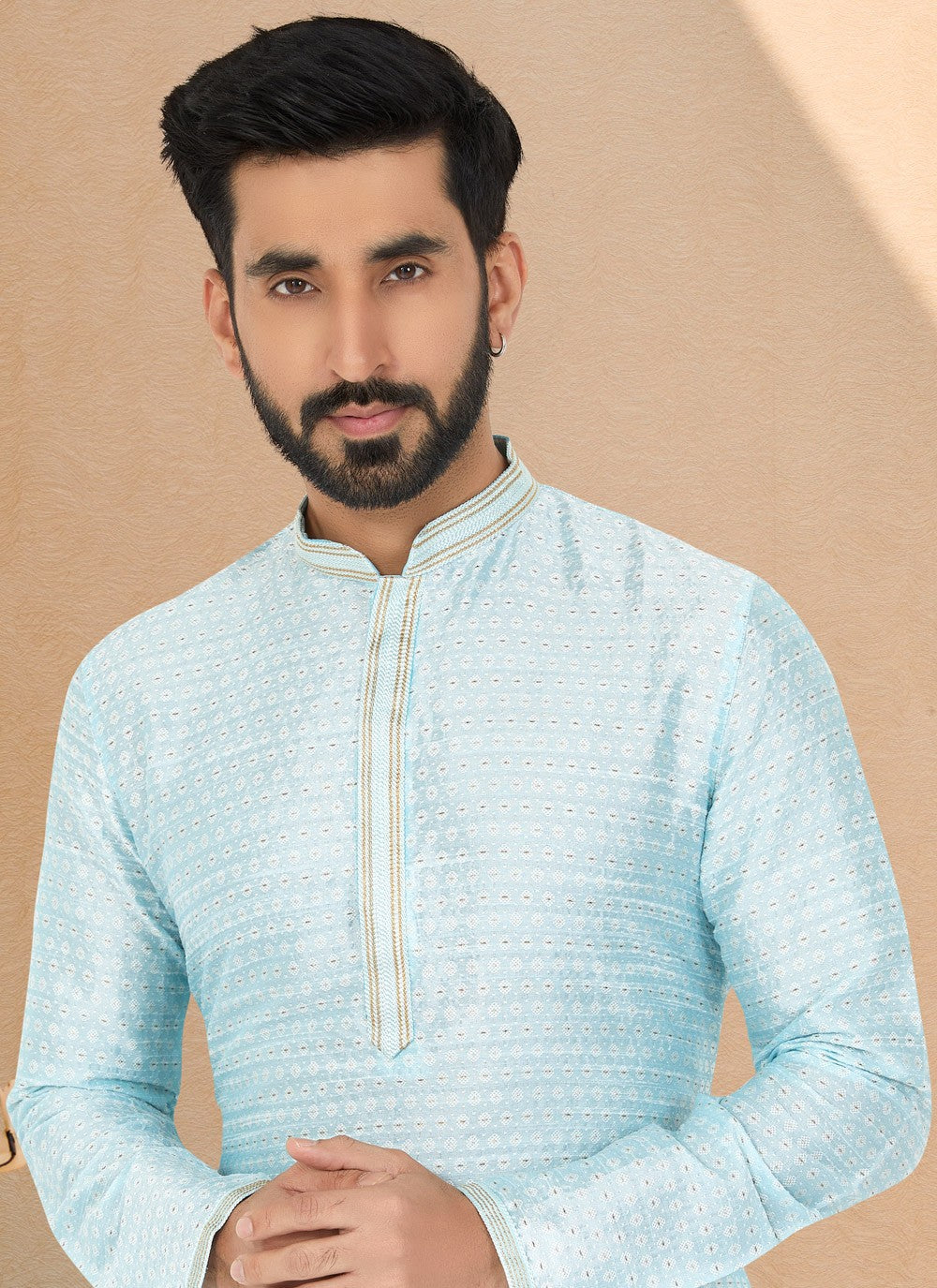 Jacquard Work Brocade, Jacquard Aqua Blue Kurta Pyjama - M4928