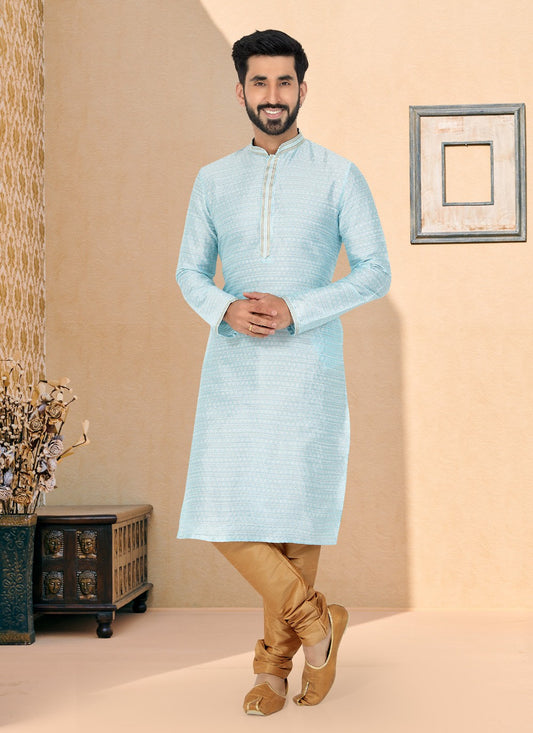 Jacquard Work Brocade, Jacquard Aqua Blue Kurta Pyjama - M4928