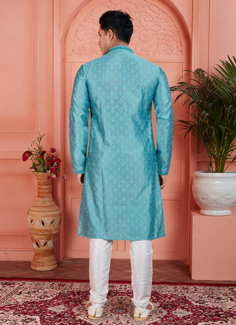 Mirror Brocade, Jacquard Silk Aqua Blue Kurta Pyjama - M7780