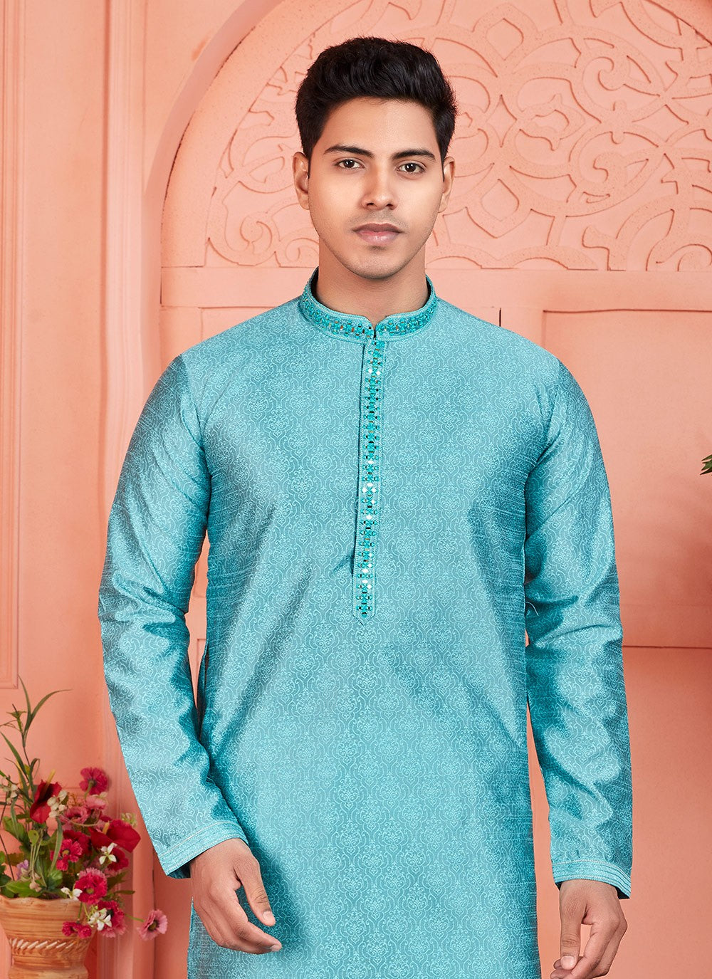 Mirror Brocade, Jacquard Silk Aqua Blue Kurta Pyjama - M7780