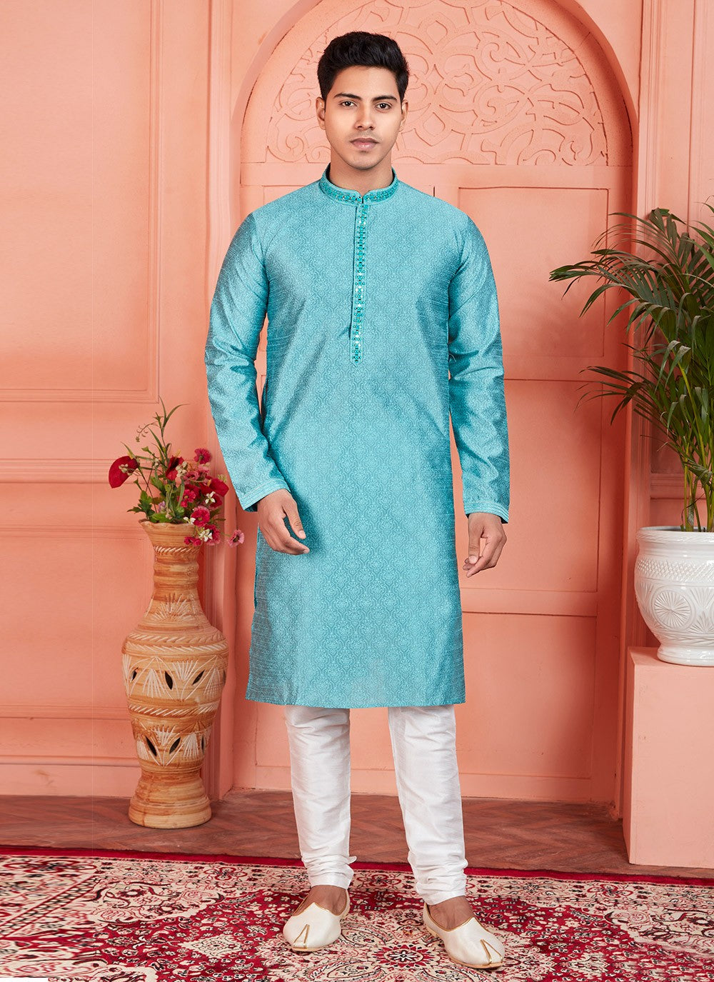 Mirror Brocade, Jacquard Silk Aqua Blue Kurta Pyjama - M7780