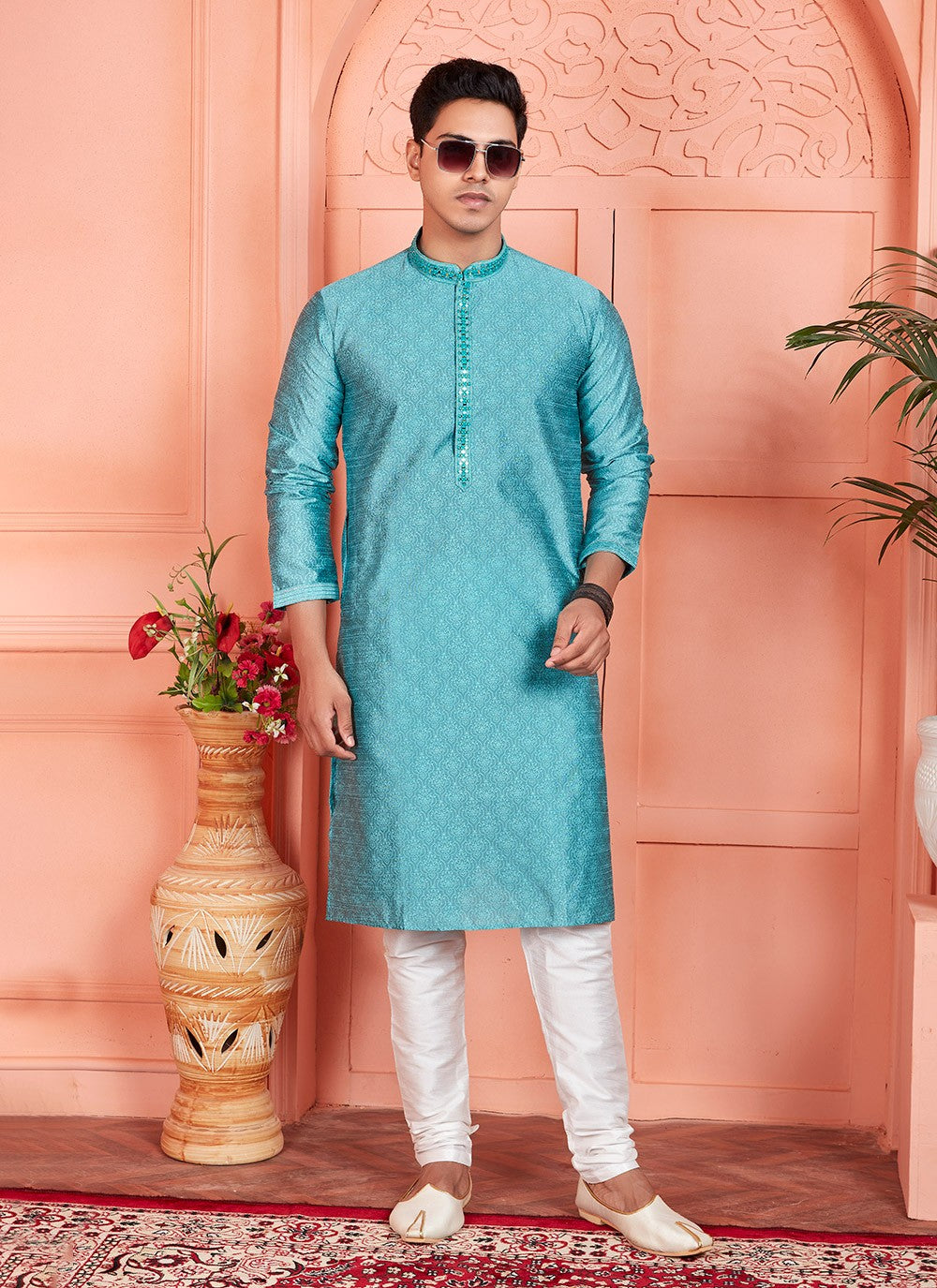 Mirror Brocade, Jacquard Silk Aqua Blue Kurta Pyjama - M7780