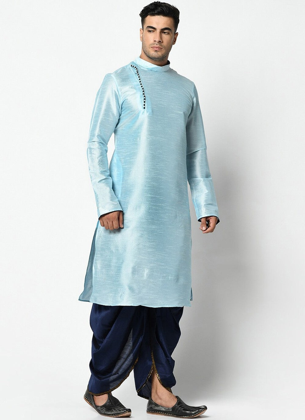 Buttons Dupion Silk Aqua Blue Dhoti Kurta - M2421