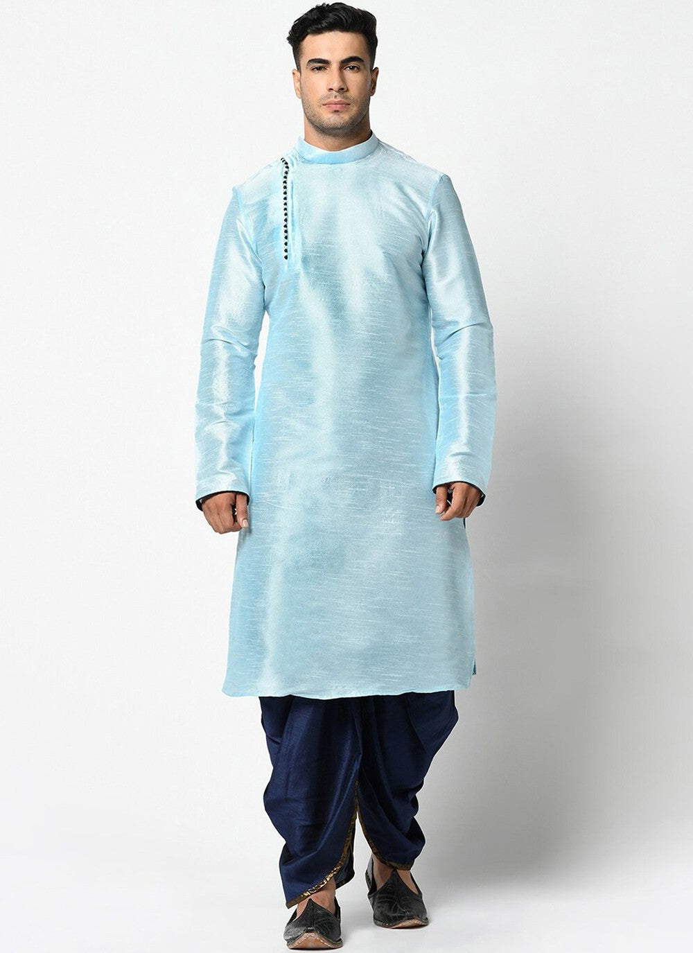 Buttons Dupion Silk Aqua Blue Dhoti Kurta - M2421