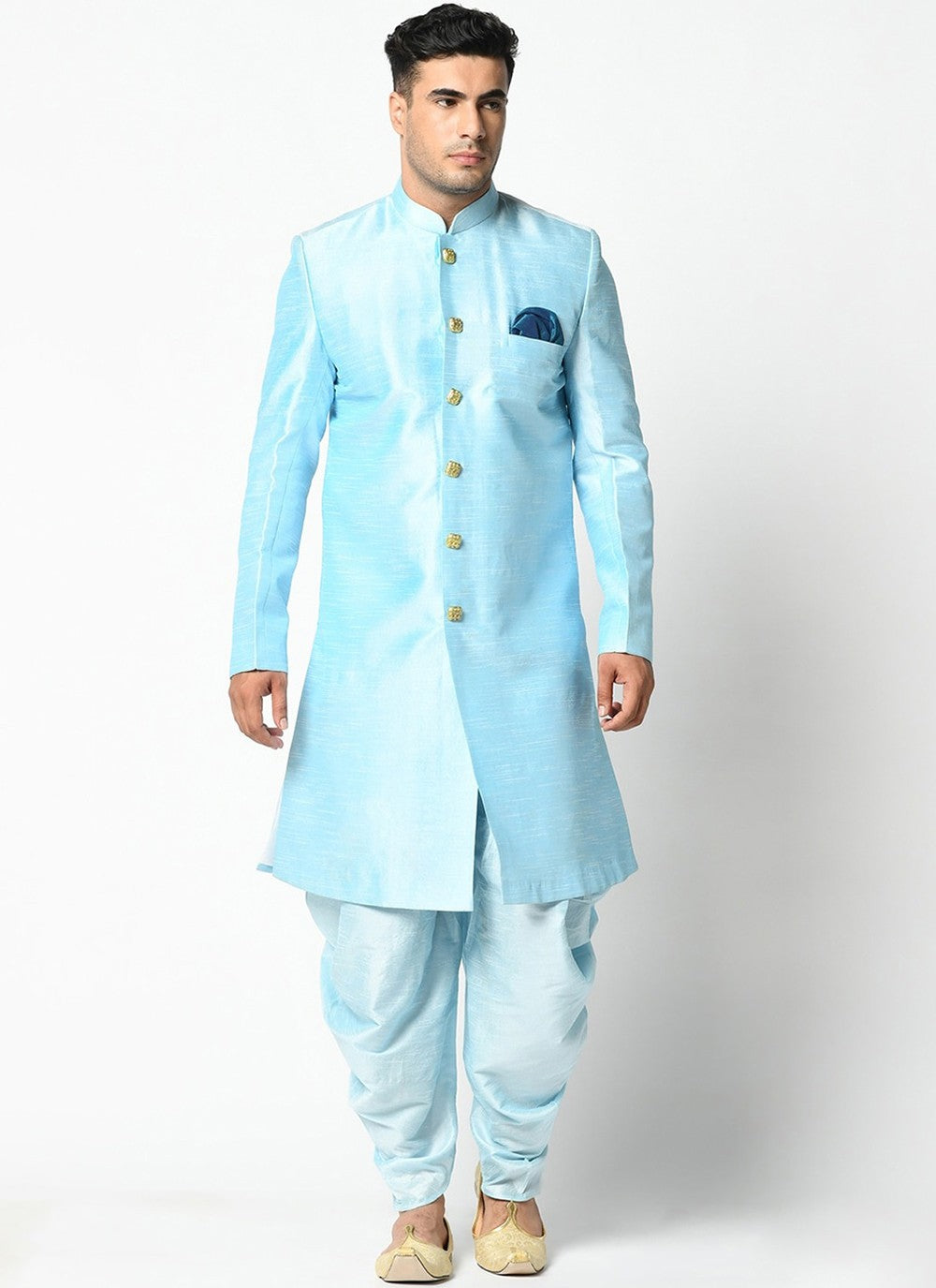 Buttons Dupion Silk Aqua Blue Indo Western - M2402