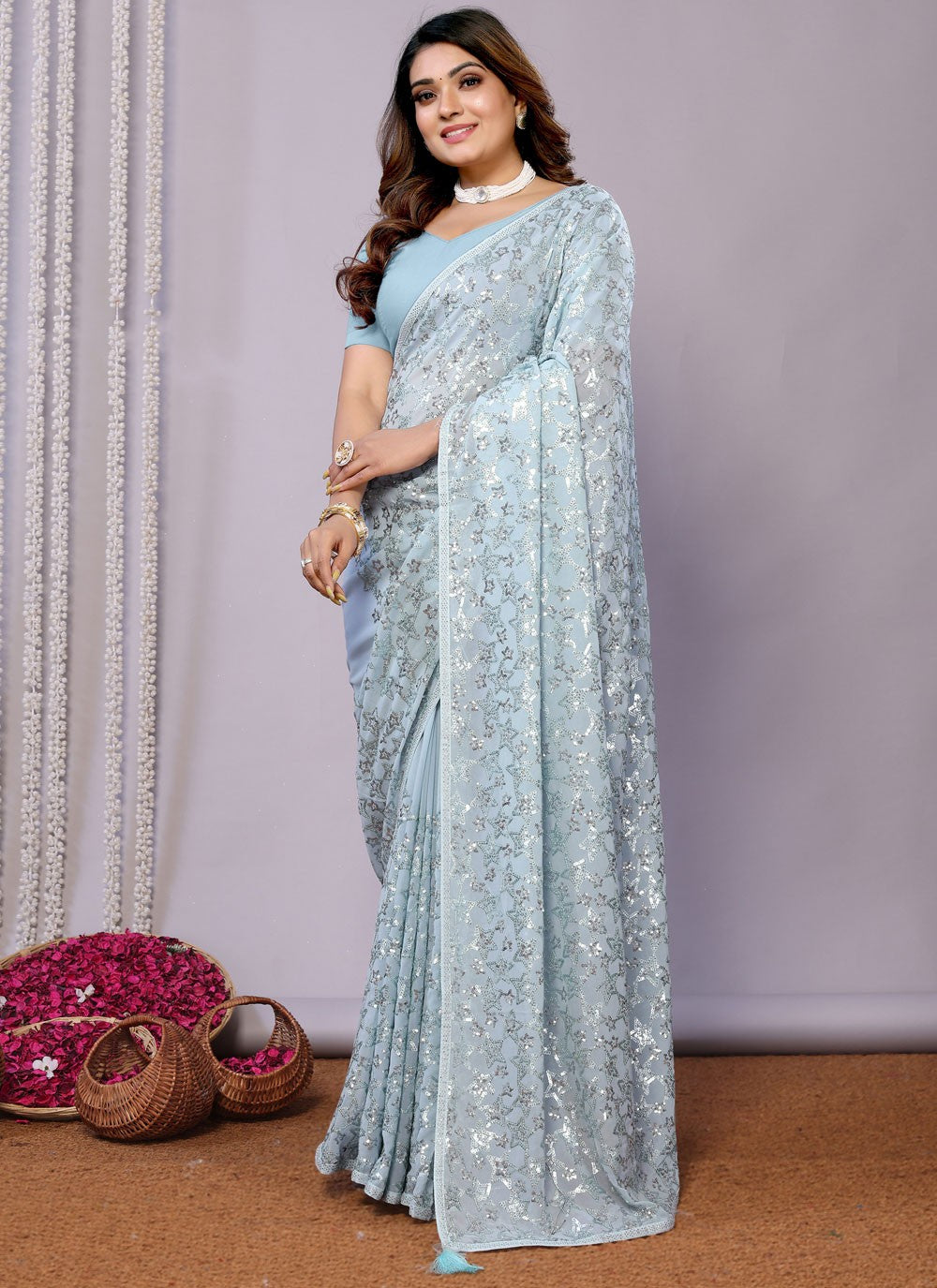 Sequins, Thread, Zari Net Saree - S11513