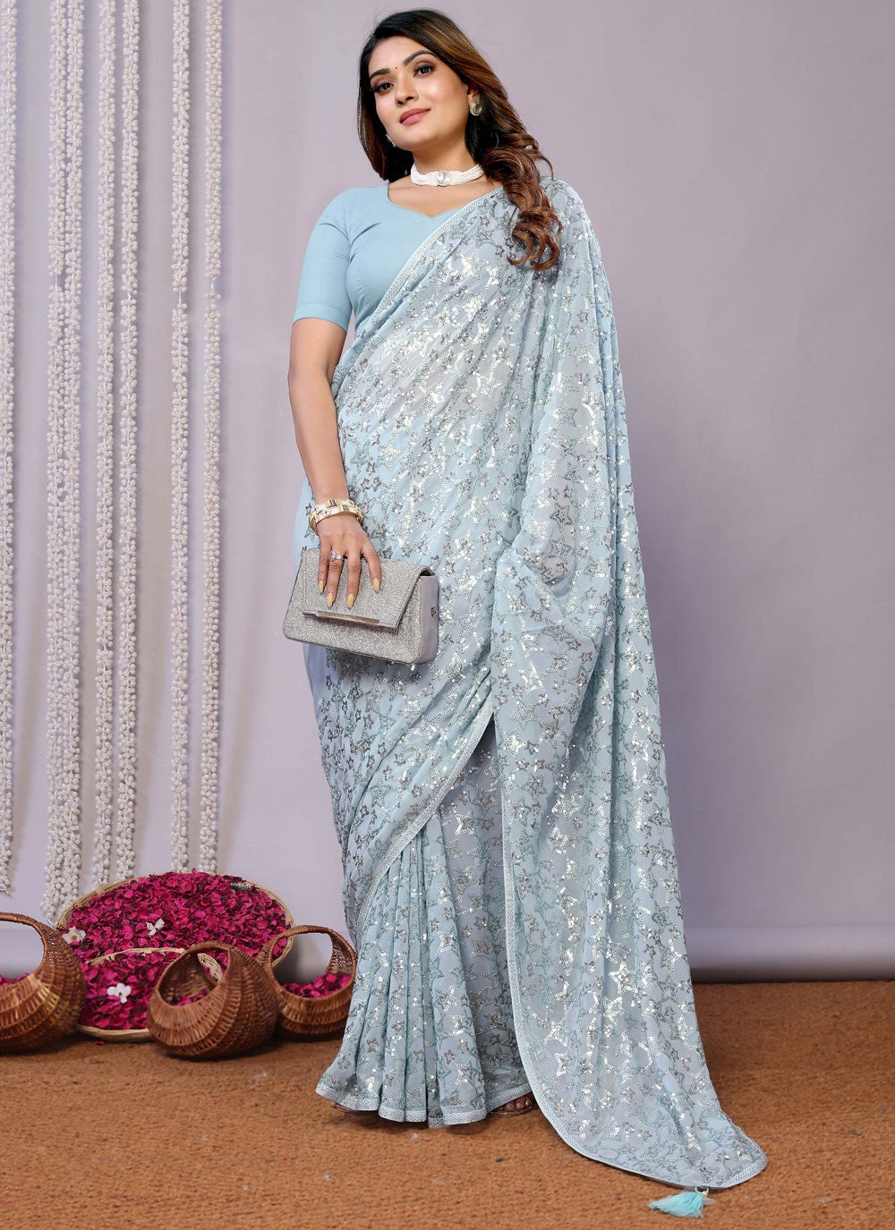 Sequins, Thread, Zari Net Saree - S11513