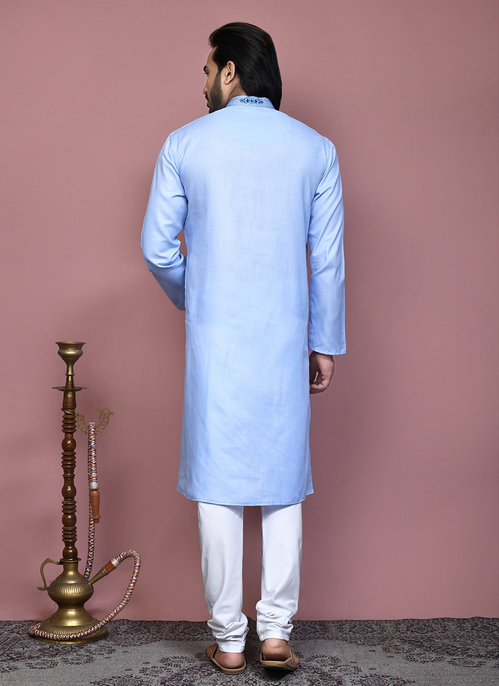 Machine Embroidery Cotton Aqua Blue Kurta Pyjama - M7927