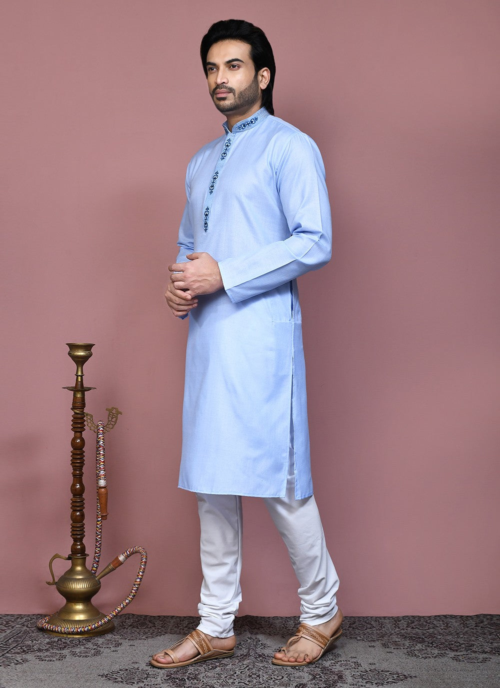 Machine Embroidery Cotton Aqua Blue Kurta Pyjama - M7927