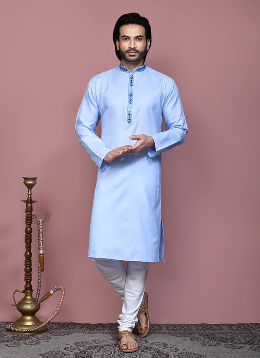 Machine Embroidery Cotton Aqua Blue Kurta Pyjama - M7927