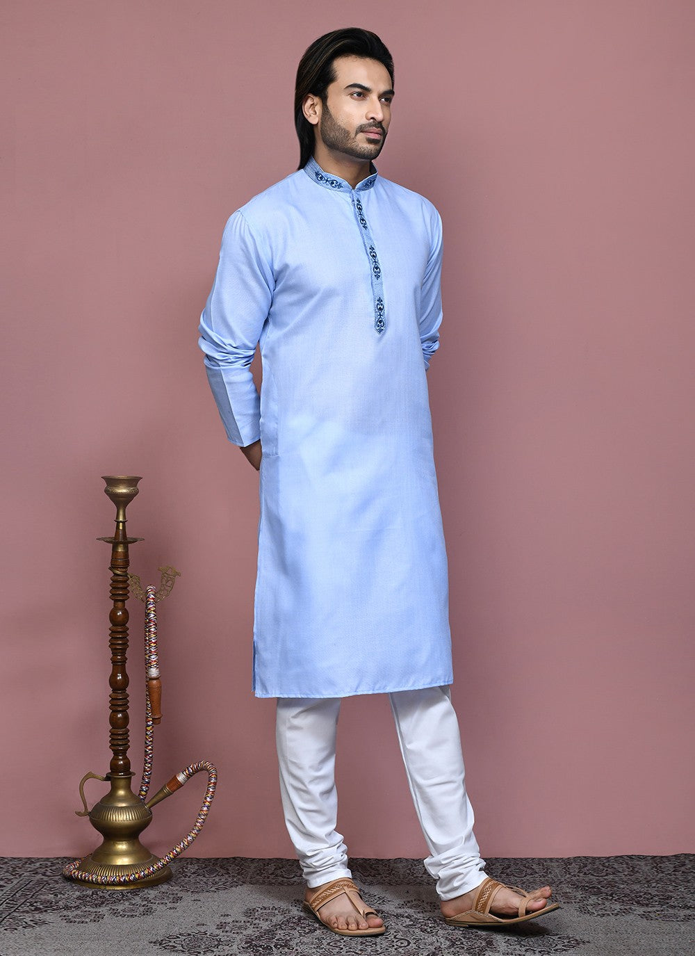 Machine Embroidery Cotton Aqua Blue Kurta Pyjama - M7927