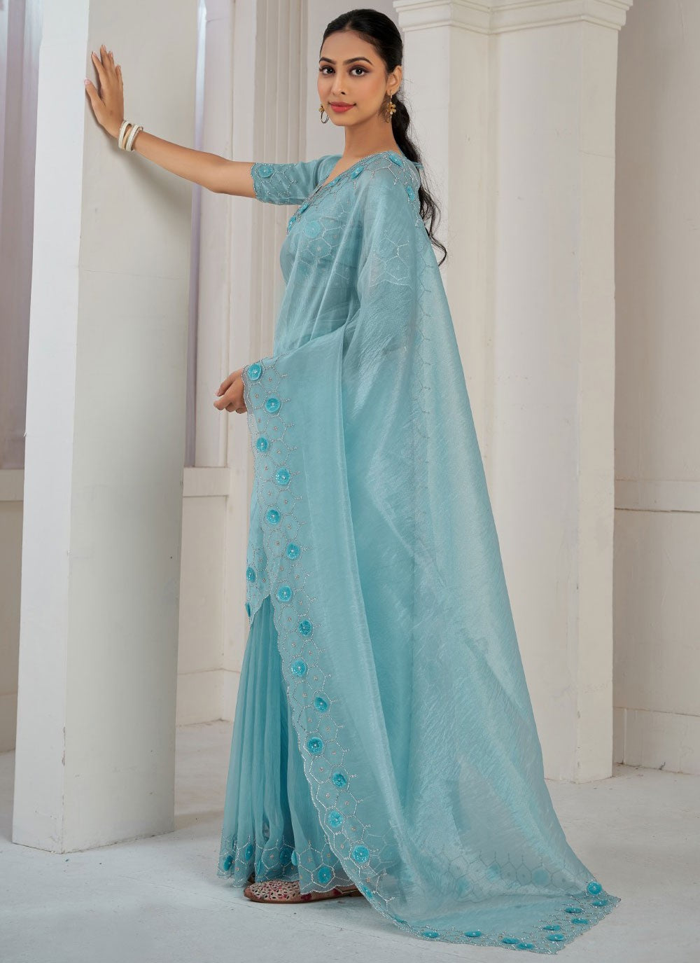 Contemporary Cutdana Organza Blue, Turquoise Saree - S10877