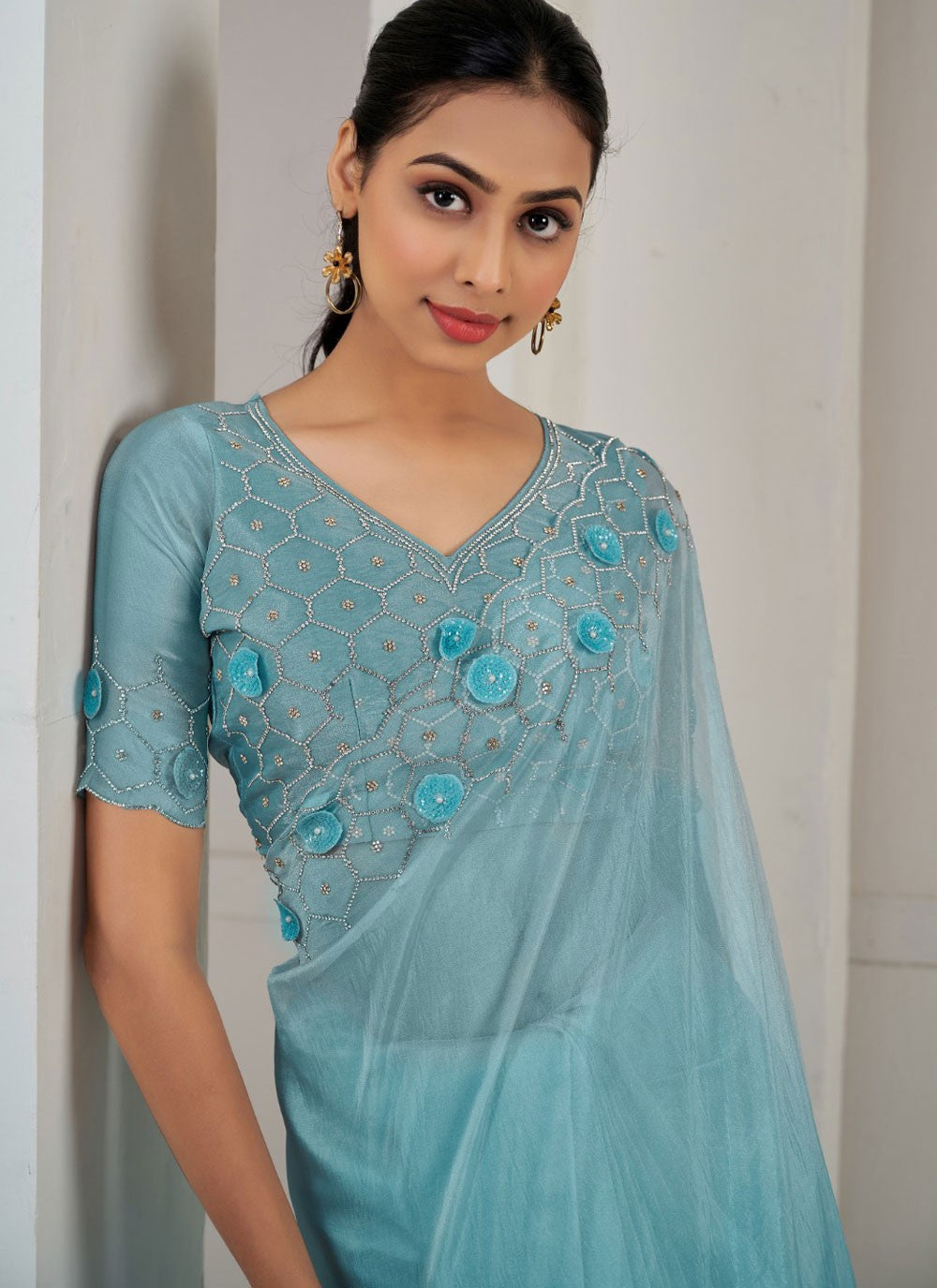 Contemporary Cutdana Organza Blue, Turquoise Saree - S10877