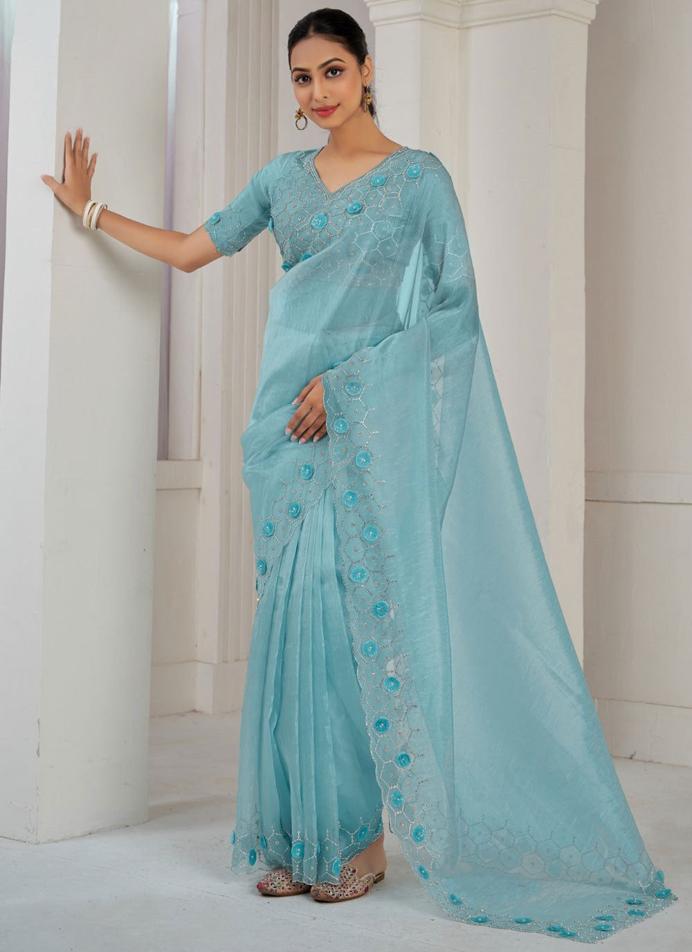 Contemporary Cutdana Organza Blue, Turquoise Saree - S10877