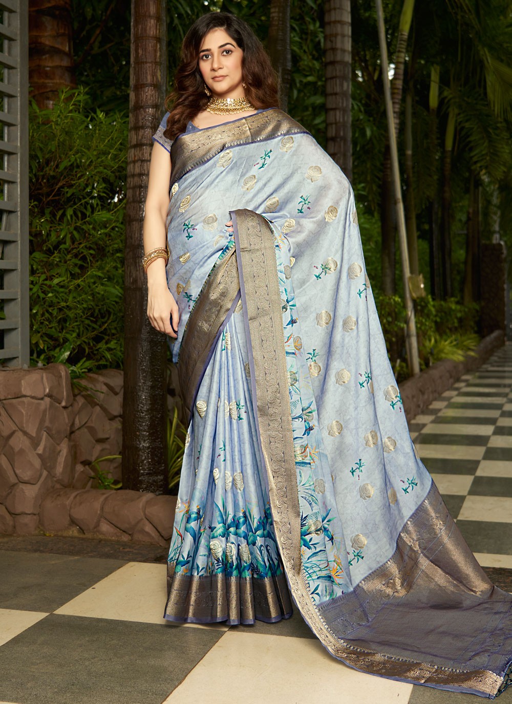 Classic Digital Print Satin Saree - S8935