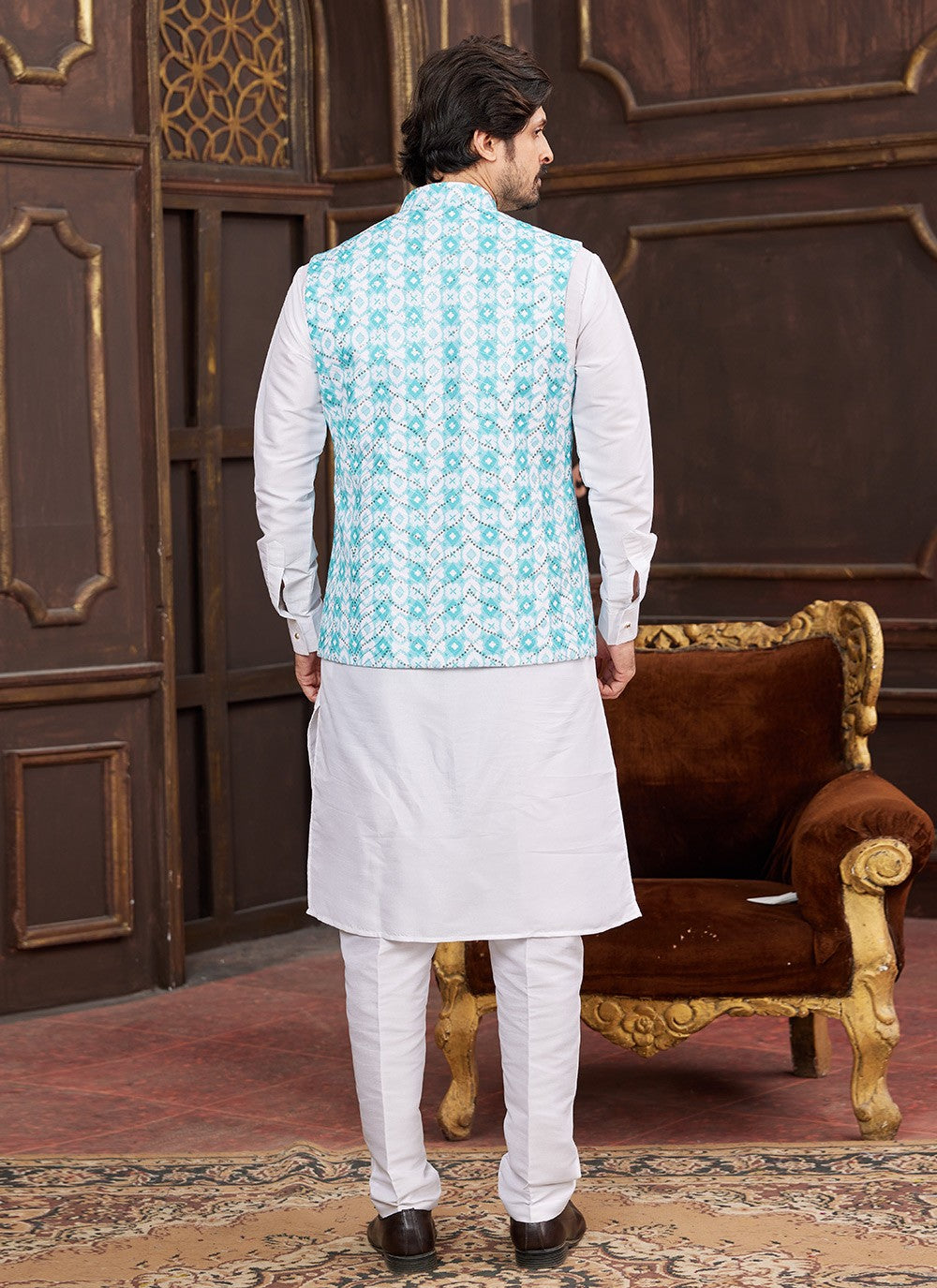 Digital Print Art Silk Aqua Blue Kurta Payjama With Jacket - M8721