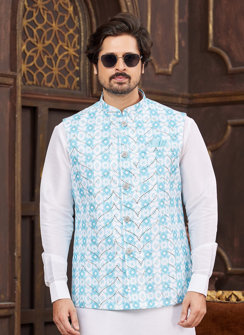 Digital Print Art Silk Aqua Blue Kurta Payjama With Jacket - M8721