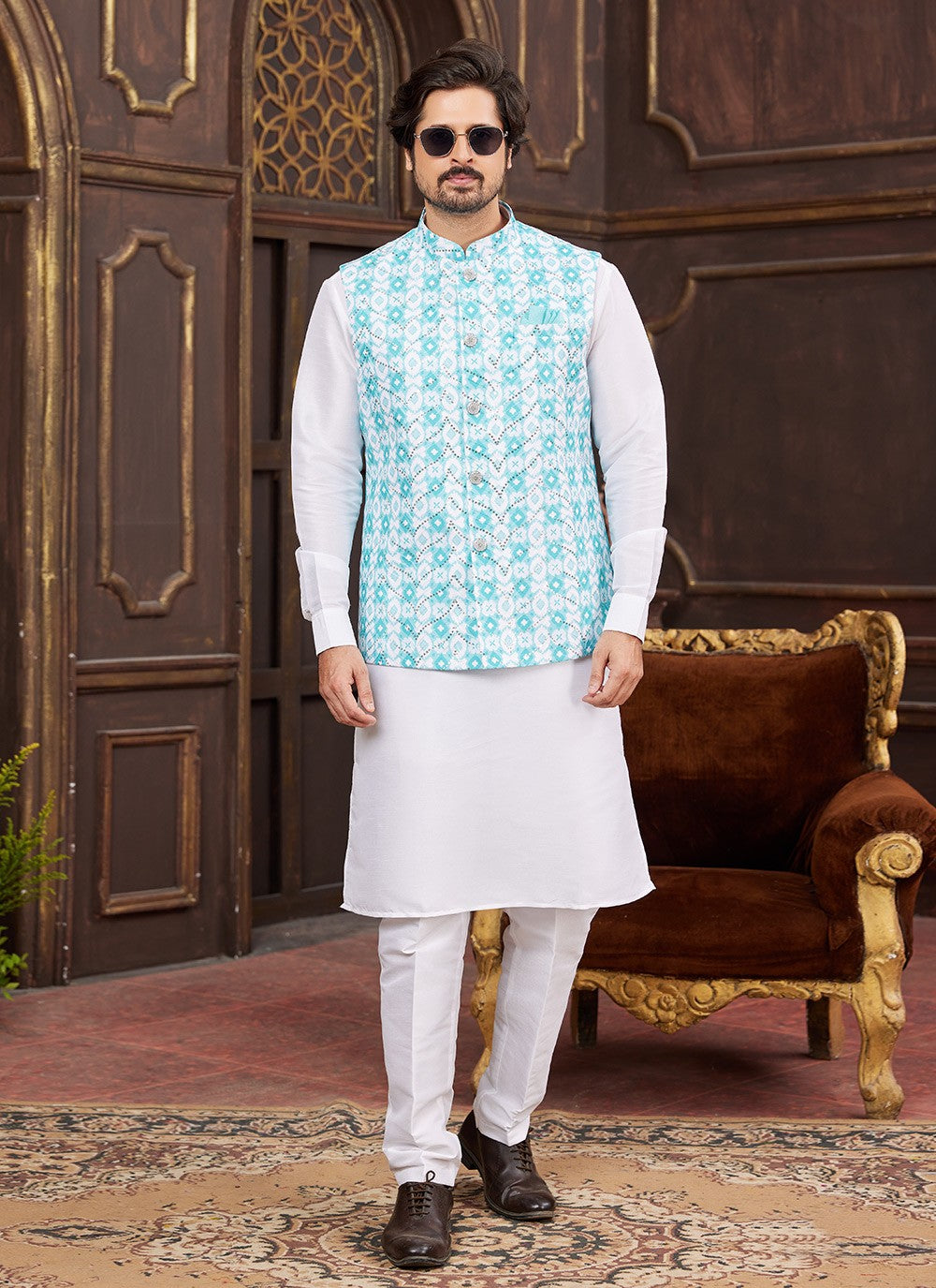 Digital Print Art Silk Aqua Blue Kurta Payjama With Jacket - M8721