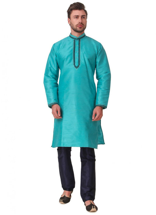 Embroidered Art Dupion Silk Aqua Blue Kurta Pyjama - M1660