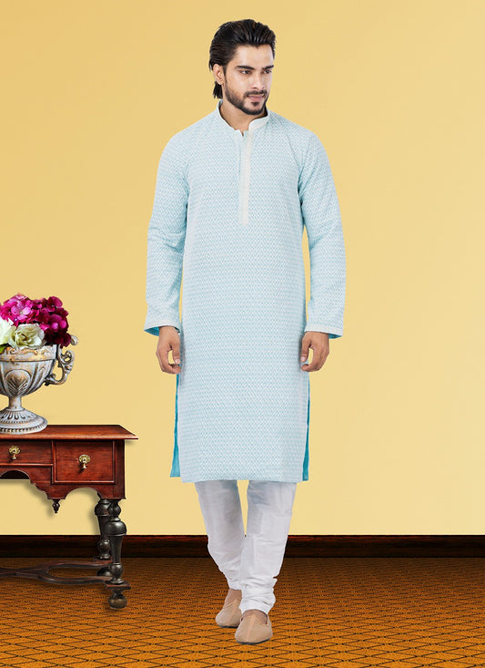 Embroidered Georgette Aqua Blue Kurta Pyjama - M3735