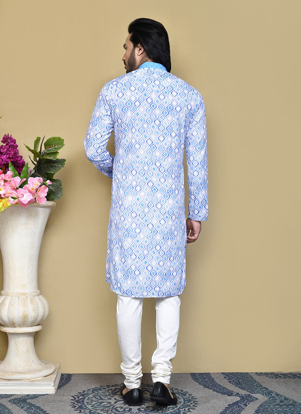 Printed Cotton Aqua Blue Kurta Pyjama - M7791