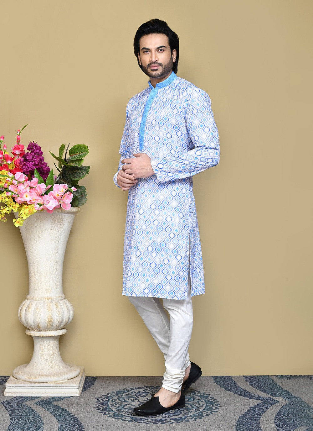 Printed Cotton Aqua Blue Kurta Pyjama - M7791