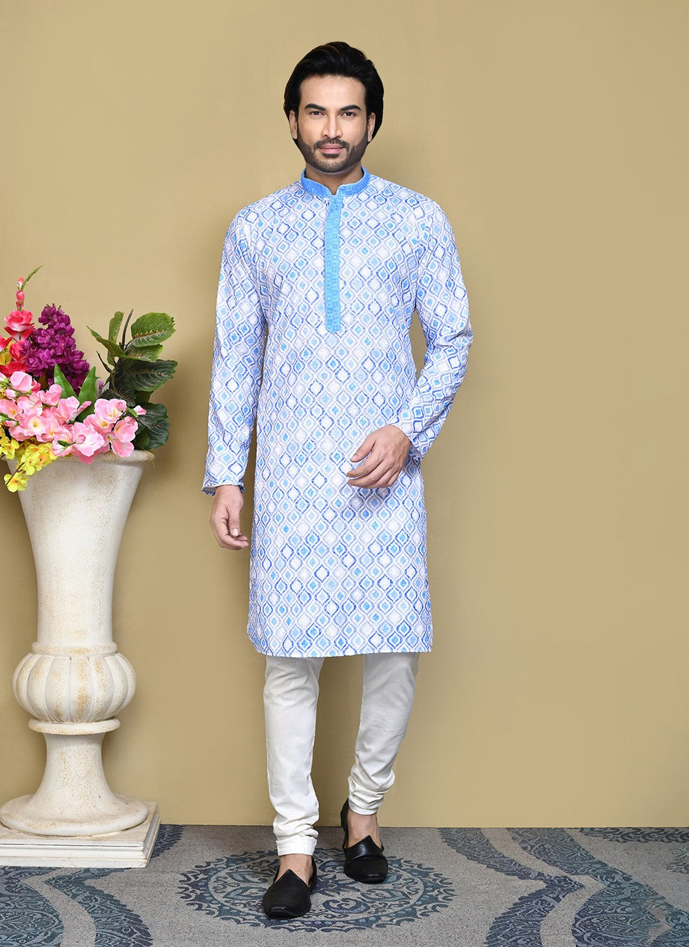 Printed Cotton Aqua Blue Kurta Pyjama - M7791