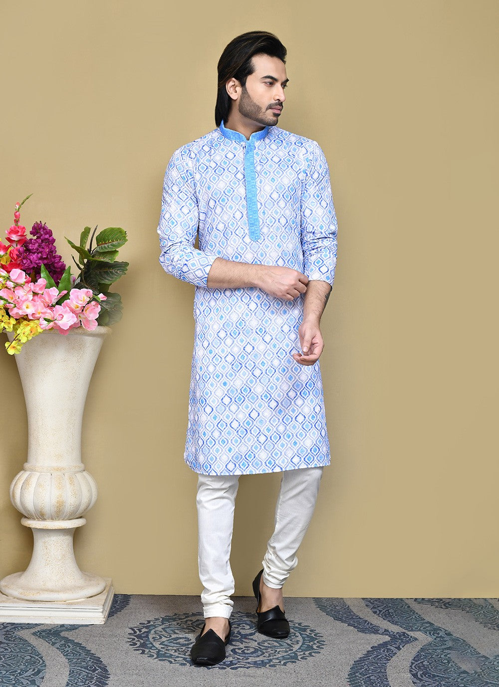 Printed Cotton Aqua Blue Kurta Pyjama - M7791