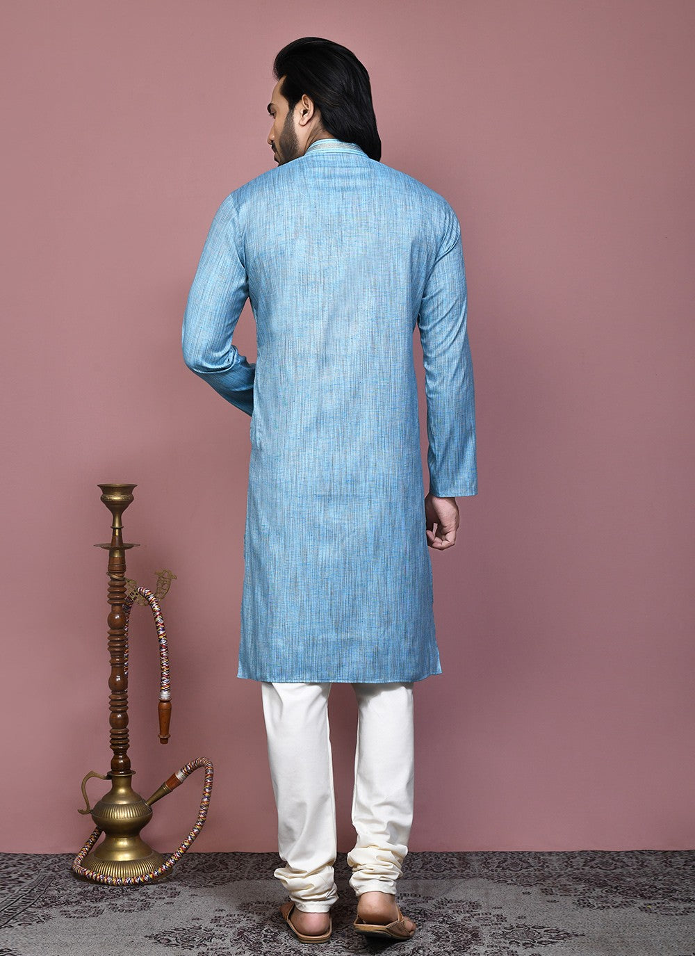 Plain Cotton Silk Aqua Blue Kurta Pyjama - M7882