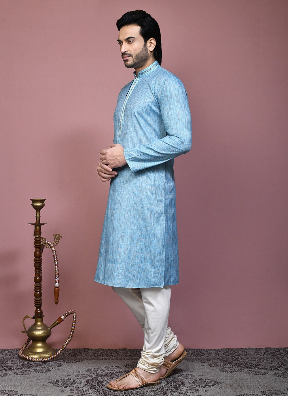 Plain Cotton Silk Aqua Blue Kurta Pyjama - M7882