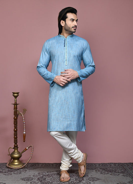 Plain Cotton Silk Aqua Blue Kurta Pyjama - M7882