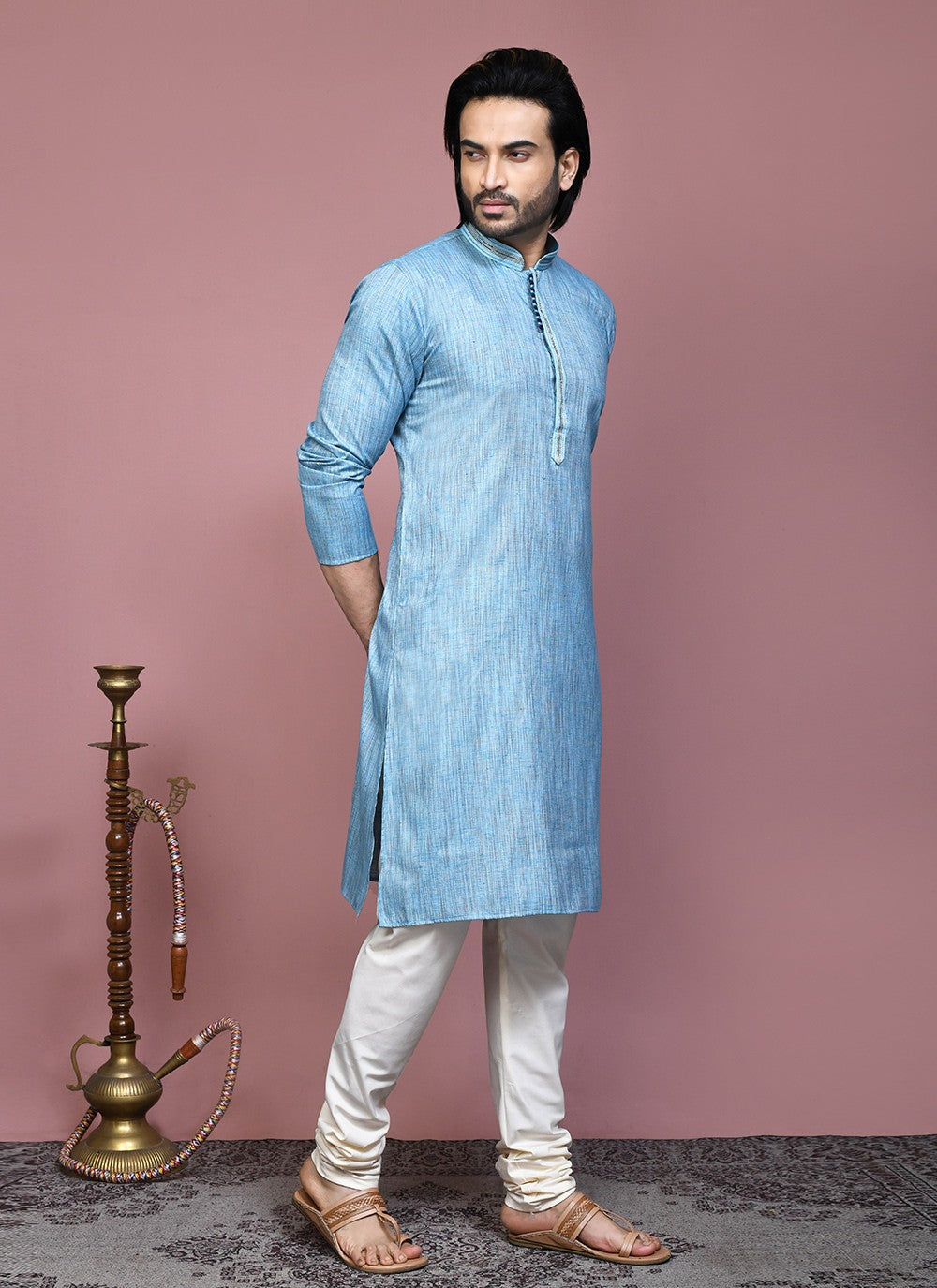 Plain Cotton Silk Aqua Blue Kurta Pyjama - M7882