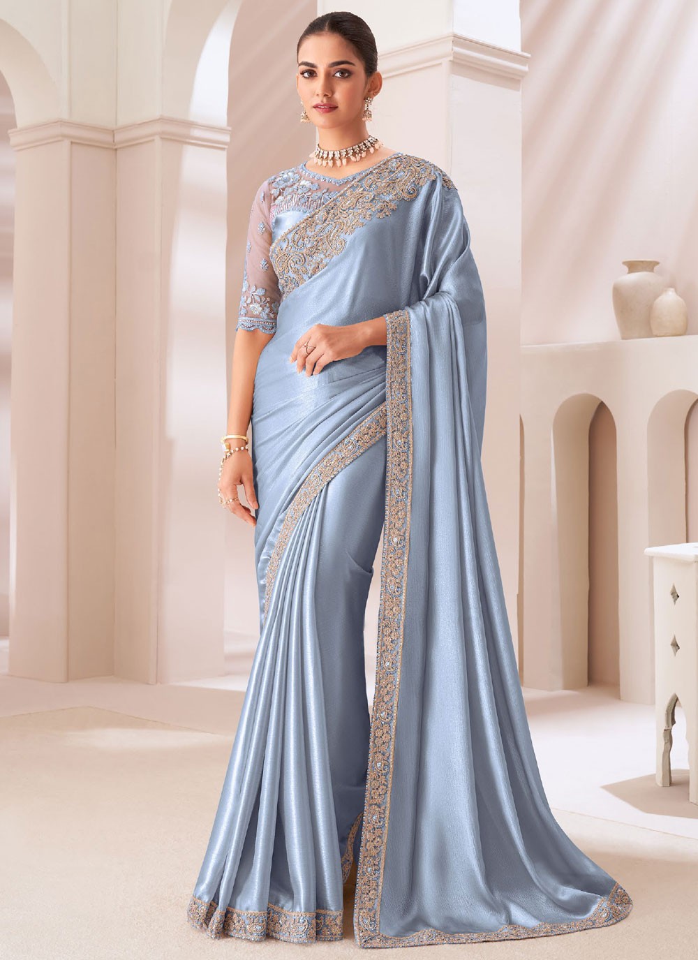 Classic Border Work Chiffon Satin Saree - S10557