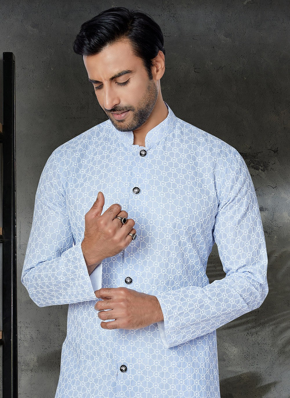 Embroidered Cotton Aqua Blue Kurta Pyjama - M4956