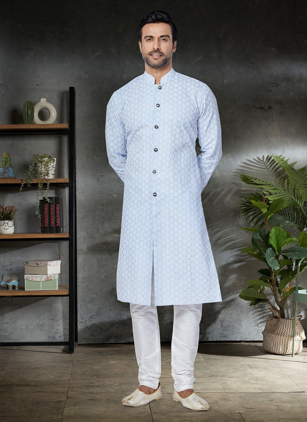 Embroidered Cotton Aqua Blue Kurta Pyjama - M4956