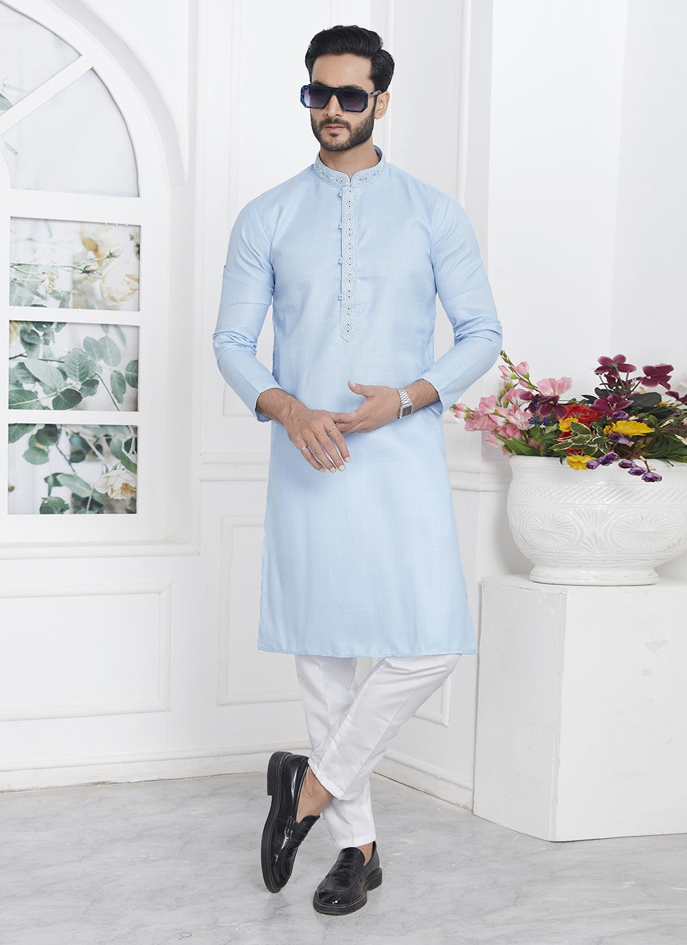 Fancy Work Cotton , Linen Aqua Blue Kurta Pyjama - M7117