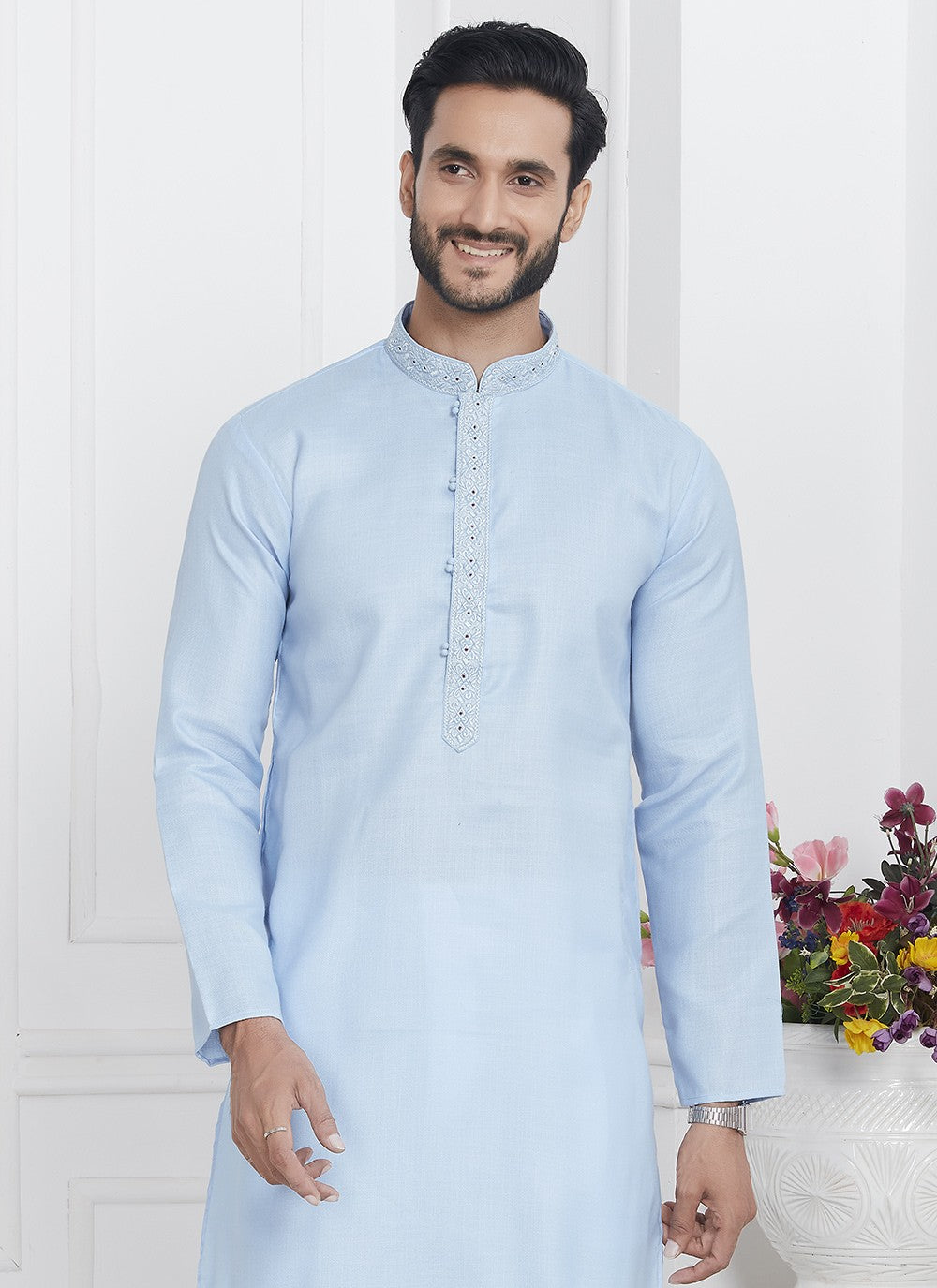 Fancy Work Cotton , Linen Aqua Blue Kurta Pyjama - M7117