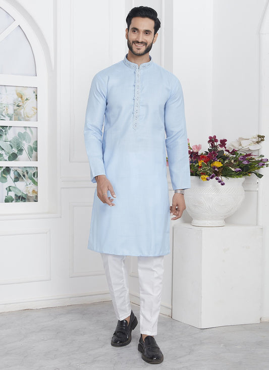 Fancy Work Cotton , Linen Aqua Blue Kurta Pyjama - M7117