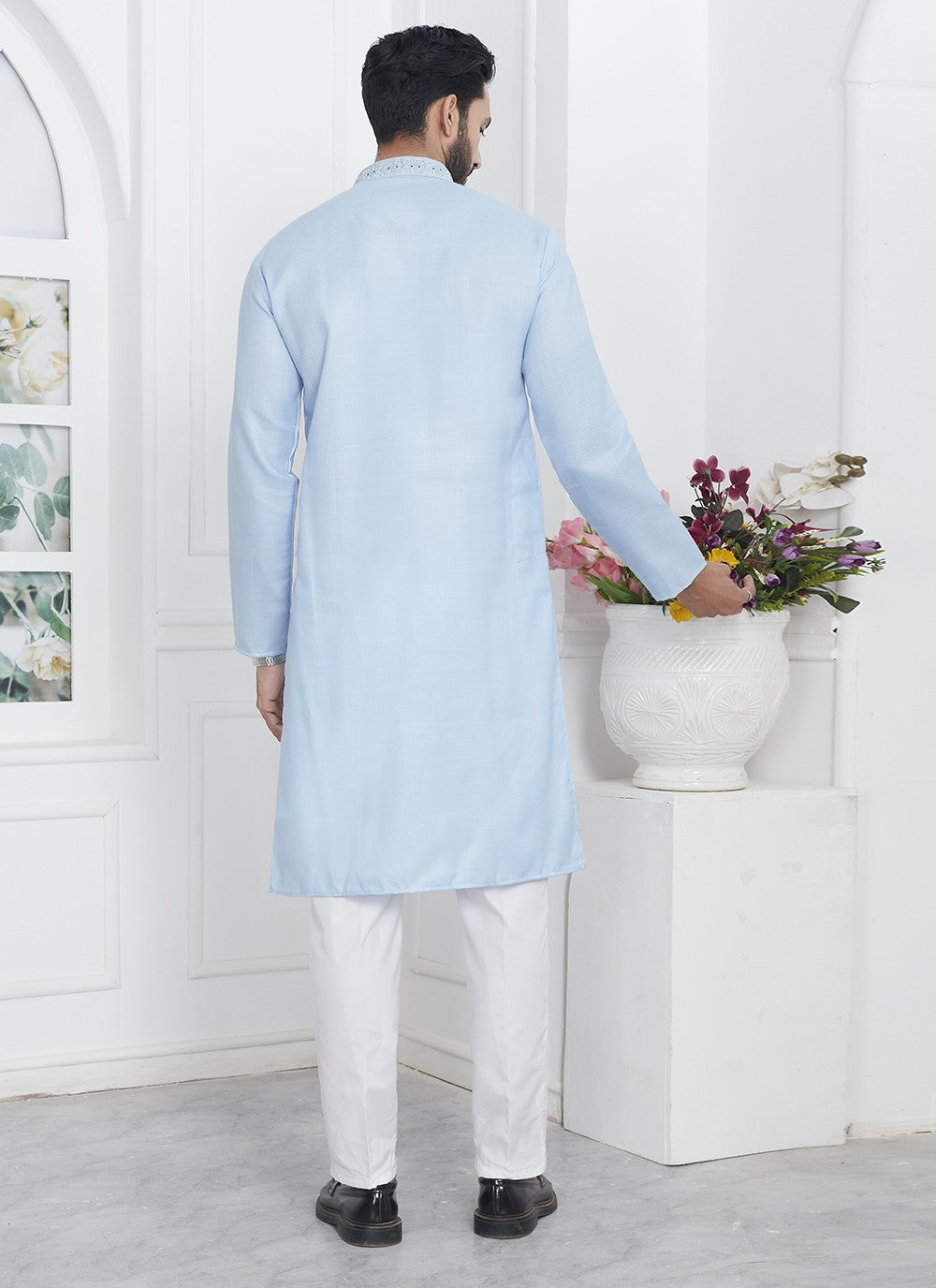 Fancy Work Cotton , Linen Aqua Blue Kurta Pyjama - M7117