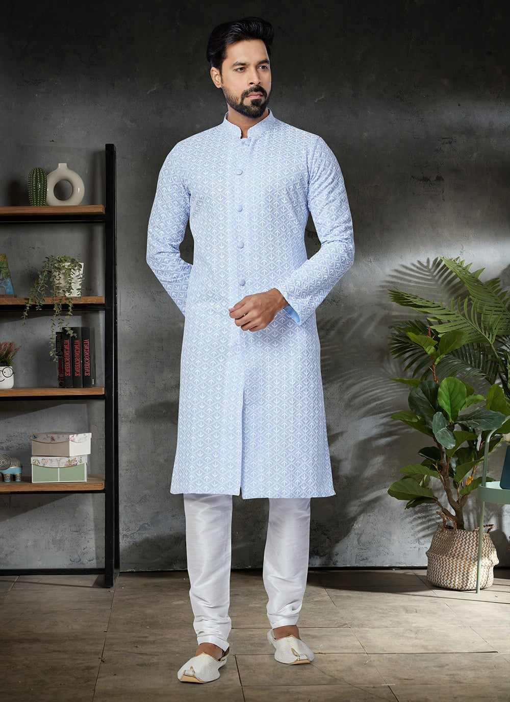 Embroidered Cotton Aqua Blue Kurta Pyjama - M4964